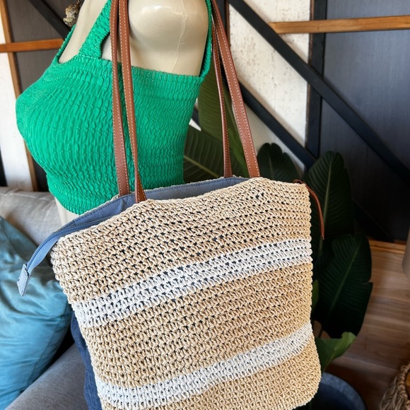 STRAW GETAWAY TOTE - NATURAL Stylish Tan and White Woven Tote Bag - Picture 1 of 7
